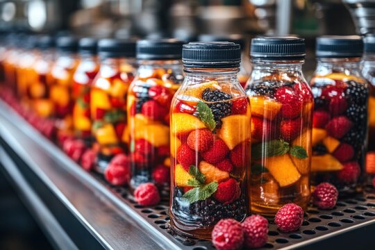 Fresh fruit juice bottles on industrial production line