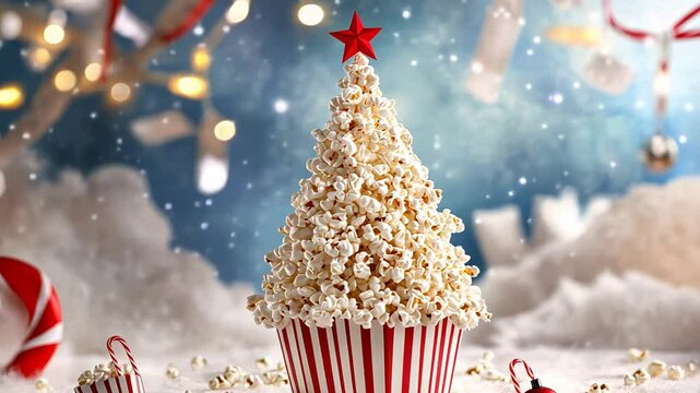 Festive popcorn christmas tree with candy cane and red ornaments in winter wonderland.