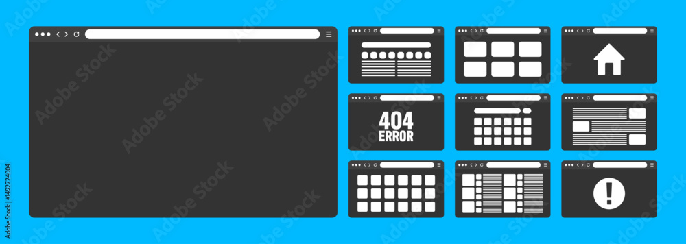 Fototapete Web browser window, pages layout with toolbar and search field. Modern website, internet page in flat style. Browser mockup for computer, tablet and smartphone. Adaptive UI. Vector illustration
