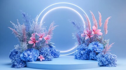 Pastel blue flowers and plants on a pedestal with a glowing neon circle background.