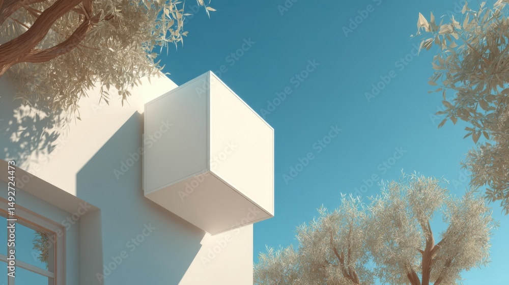 Poster minimalist architecture with cube detail and trees against blue sky low angle view in summer