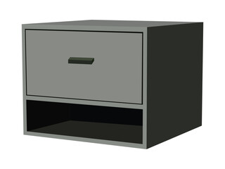 Gray storage unit with one drawer and open shelf isolated on white background