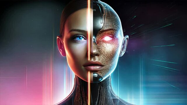 Split face of human and digital ai robot with glowing tech details, symbolizing fake ai and ai synthetic media in human machine interaction