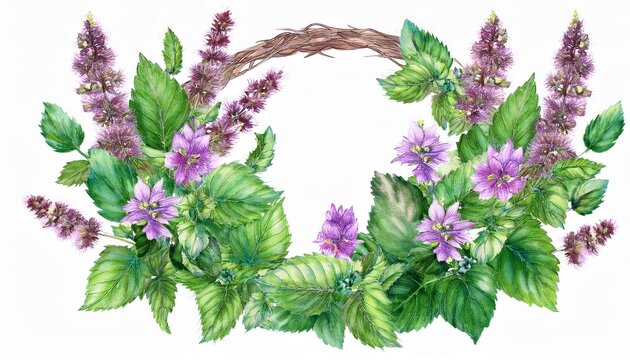 watercolor wreath with patchouli patchouli branch with leaves and flowers cosmetics and medical plant hand drawn illustration