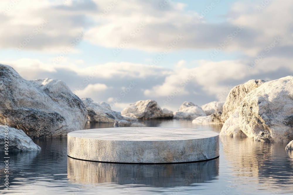 Poster a serene circular stone platform emerges from calm waters. surrounded by rugged rocks and a clear bl