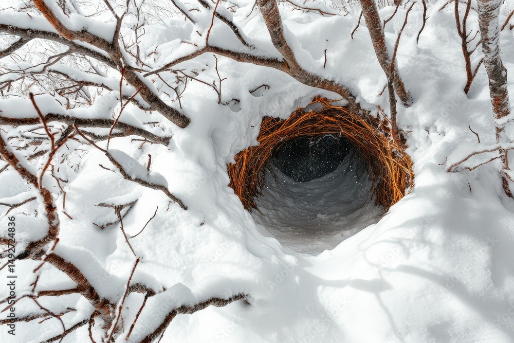 Poster a snow-covered, twig-lined hole in a wintry forest, creating a mysterious and enchanting scene.