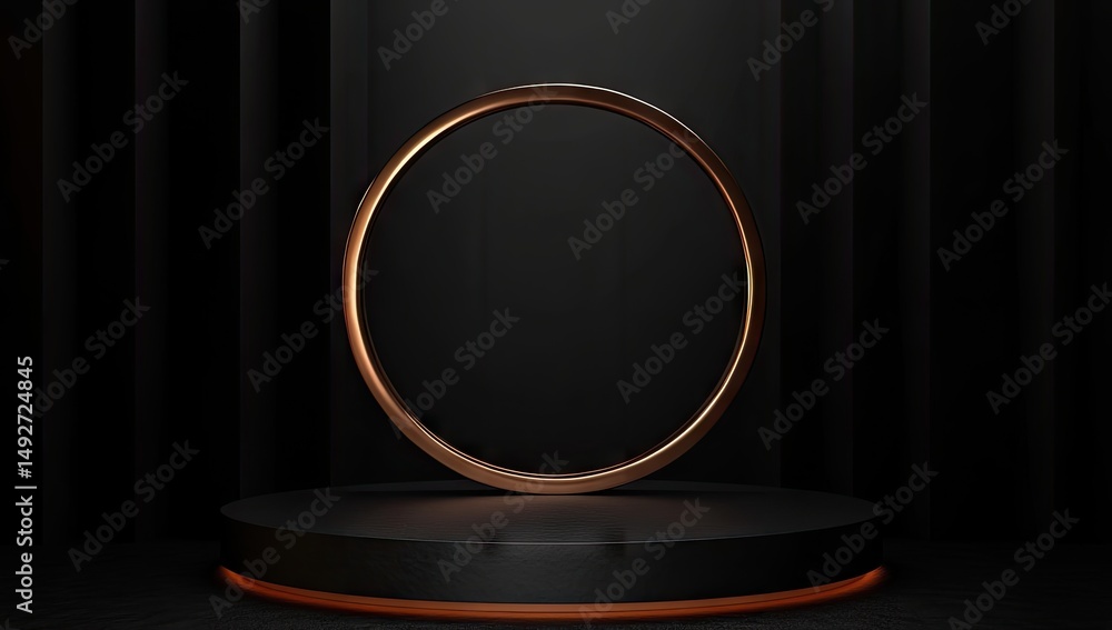 Poster a sleek. modern circular display stand with a copper rim set against a dark backdrop. featuring a su