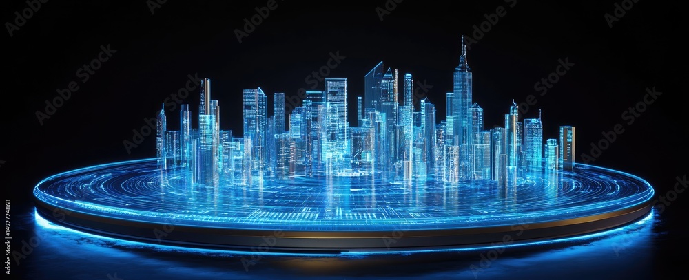 Poster a futuristic cityscape illuminated with blue lights. showcasing advanced technology in a circular di