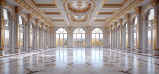 Obraz premium A grand. elegantly designed ballroom featuring ornate architecture. large windows allowing natural light. and a spacious floor suitable for events or gatherings