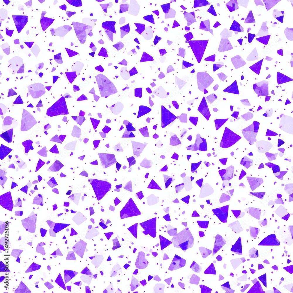 Poster abstract seamless terrazzo pattern with playful violet geometric fragments in vivid violet scattered