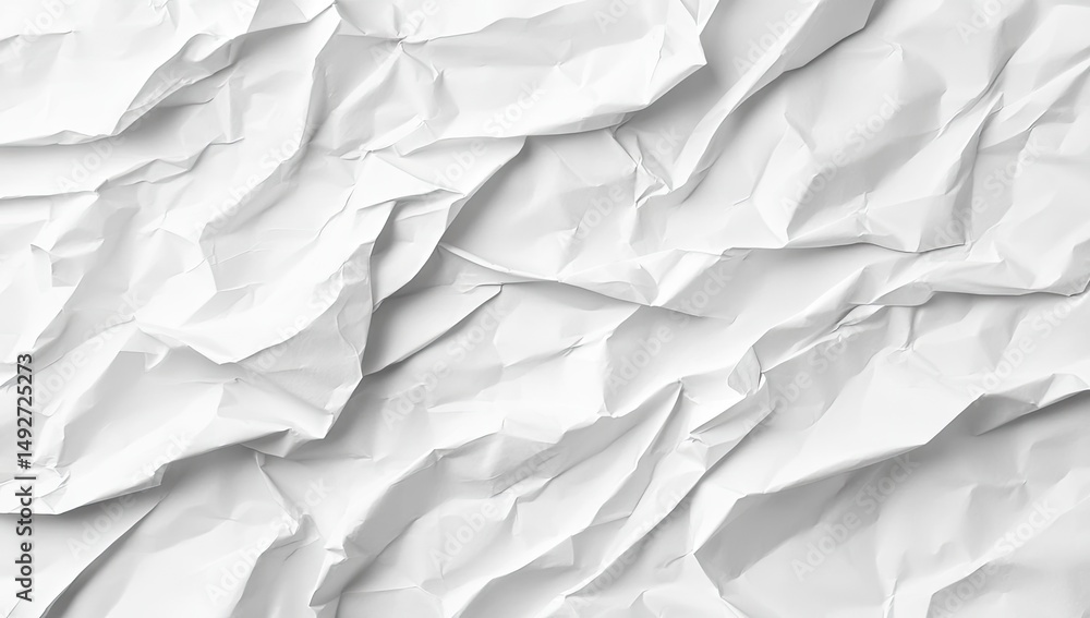 Poster a close-up view of crumpled white paper showcasing intricate textures and shadows. ideal for backgro