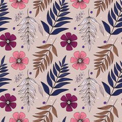 Repeating Pattern Of Flowers And Leaves In Various Colors On A Light Beige Background. 