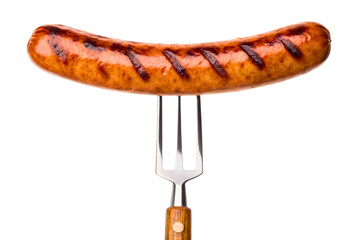 Juicy grilled sausage presented on a dining fork isolated with transparent background
