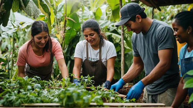 multiethnic adults gardening together at community farm, sunlight through foliage, happy expressions