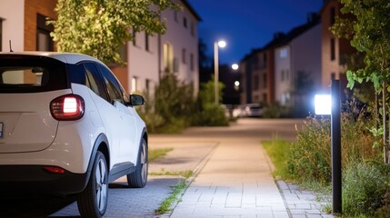 Obraz premium Electric vehicle parked night street