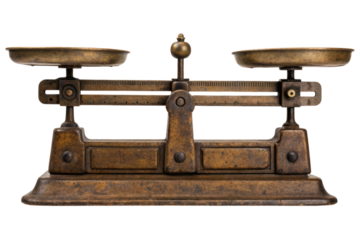 Vintage brass apothecary balance scale for weighing isolated with transparent background