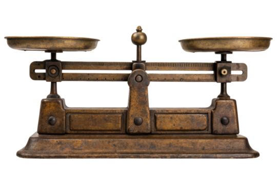 Vintage brass apothecary balance scale for weighing isolated with transparent background