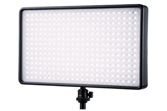 Portable bright rectangular LED video light panel isolated with transparent background