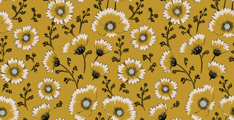 Repeating Floral Pattern With White And Yellow Flowers Against A Mustard Yellow Background. 