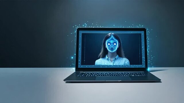 Laptop displays ai facial recognition with user digital avatar, showing fake ai face and ai synthetic media in identity cloning