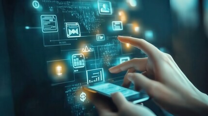 Digital Banking and Financial Technology Concept. A person presents digital banking and financial technology icons, and currency symbols, emphasizing modern online payment systems and e-commerce.