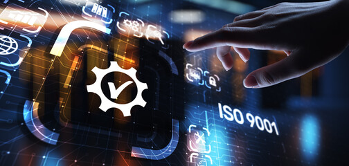 Plakat ISO 9001 Standards quality control business technology concept on virtual screen.