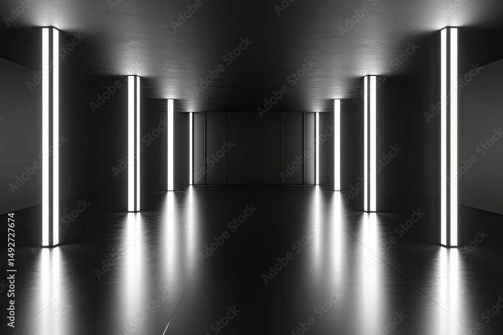 Poster a modern. minimalist corridor illuminated by vertical light strips. featuring a dark door at the end