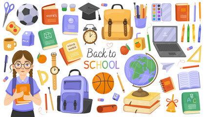 Back to school collection, colorful cute illustrations. Set of school supplies. Globe, backpack, books, watches, notebooks, pencils, laptop, girl student.