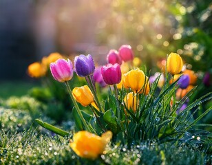 colorful pansies in a spring garden with fresh morning dew