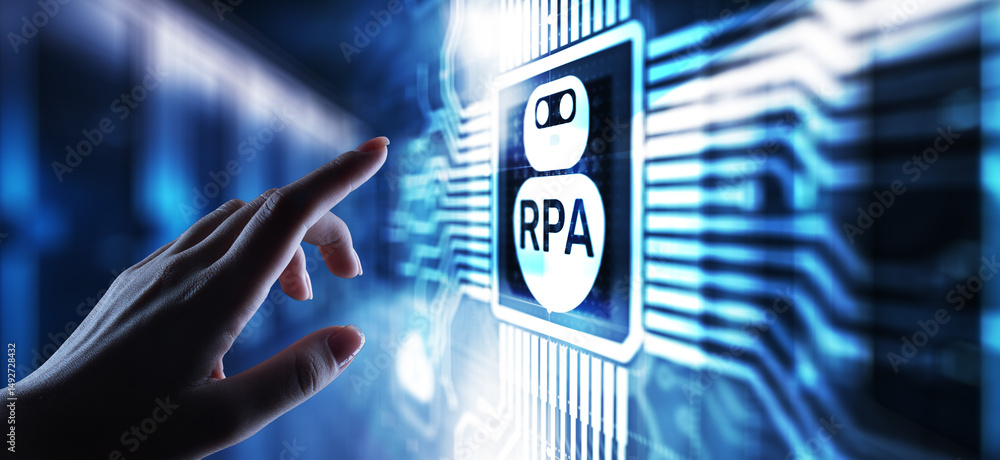 Poster rpa robotic process automation innovation technology concept on virtual screen.