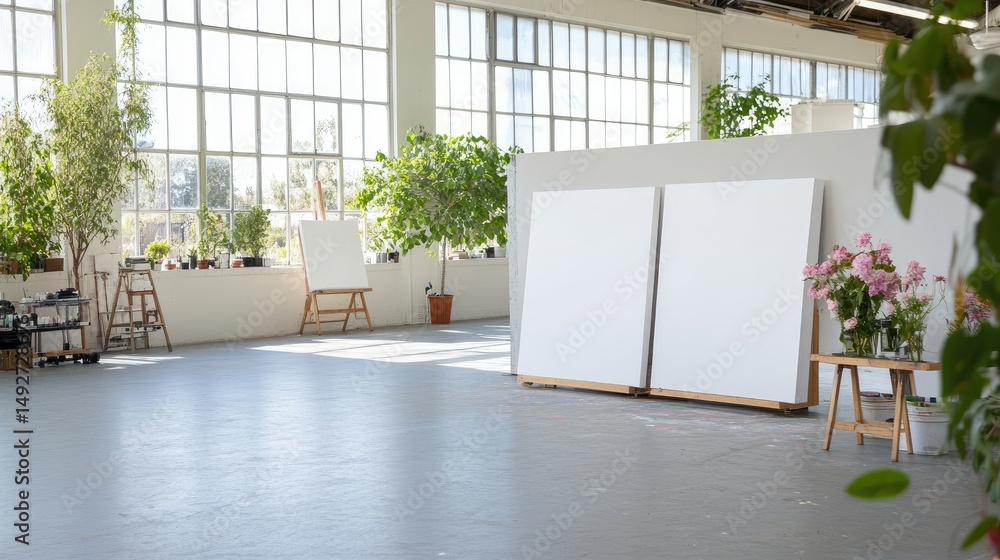 Poster empty art studio with large canvases
