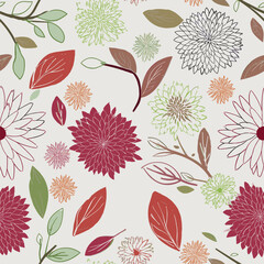 Repeating Floral Pattern With A White Background. It Features Various Stylized Flowers And Leaves In Shades Of Red, Green, Brown, And White.