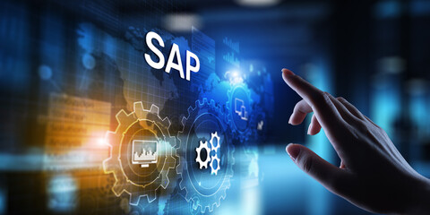SAP - Business process automation software. ERP enterprise resources planning system concept on virtual screen.