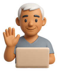 Smiling Senior Man with Grey Hair Using Laptop and Waving in a 3D Render