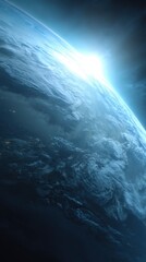 Fototapeta premium Earth From Space View of Sunrise Over Clouds and City Lights in the Distance from Orbit Perspective