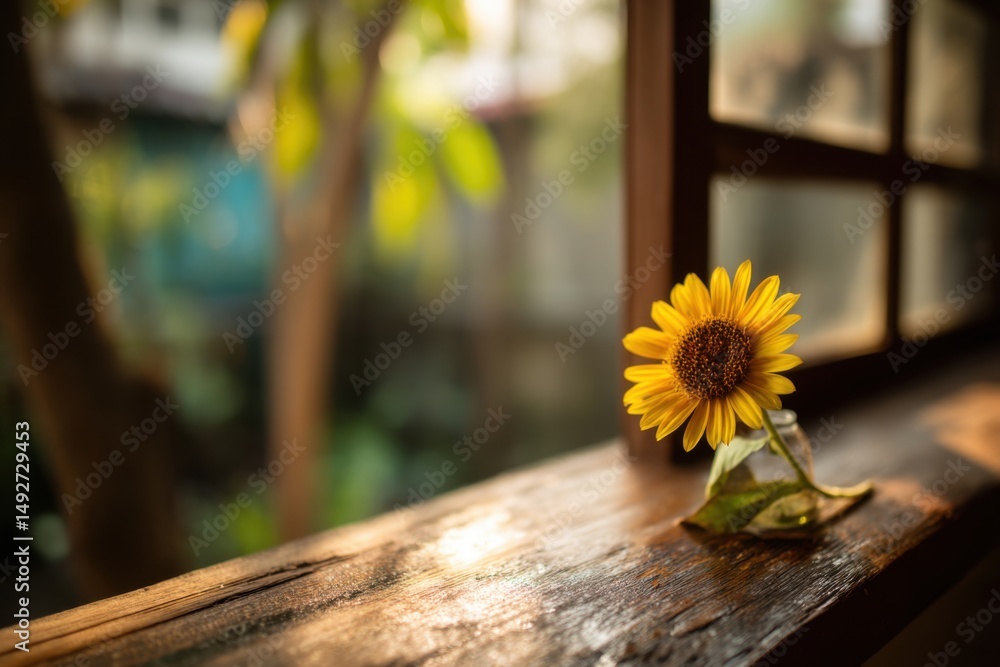 Poster sunflower in vase by window still life close up shot with natural light and bokeh background in rura