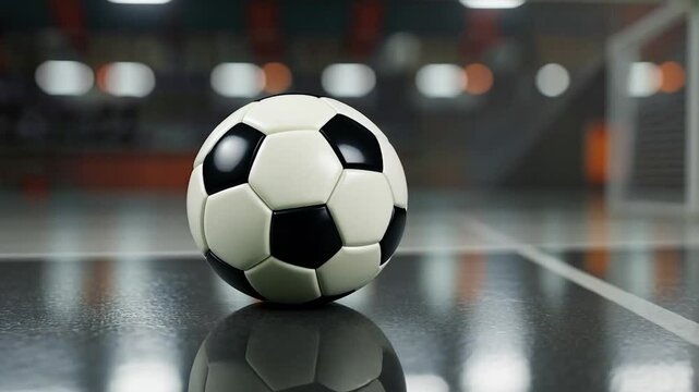 A soccer ball rests on a shiny indoor court, goal in the background