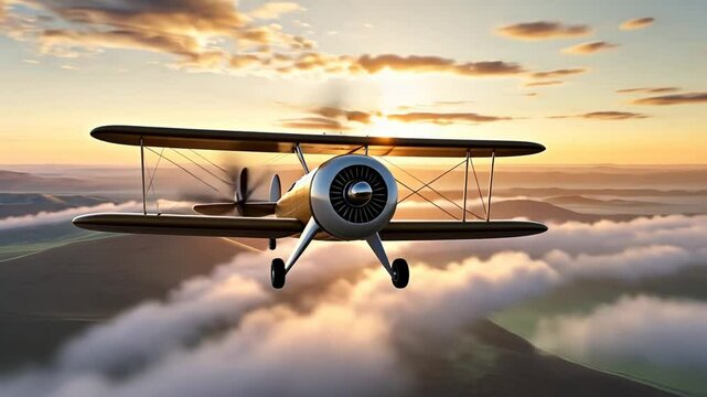 Vintage biplane soaring at sunset over scenic countryside horizon.