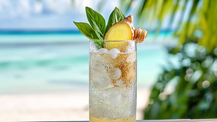 Refreshing summer cocktail with ginger and basil on tropical beach. - Powered by Adobe