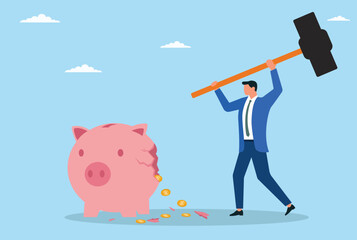 Vector illustration of a businessman breaking a piggy bank with a hammer which represents cash withdrawal
