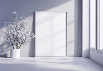 Fototapeta premium A serene interior space featuring a blank white frame on a wooden wall. illuminated by soft sunlight streaming through large windows. with a minimalistic decor and a touch of nature
