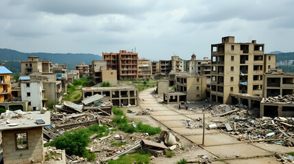 Collapsed buildings and ruins occupy the devastated town landscape.