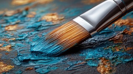Fototapeta premium Close up of Paintbrush Applying Teal and Gold Acrylics to Canvas