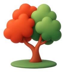 Stylized 3D Render of a Cartoon Tree with Red and Green Leaves on a Green Base
