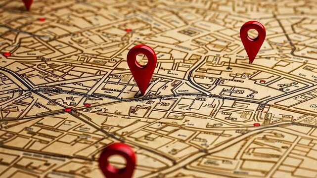 Red markers pinpoint locations on a vintage city map