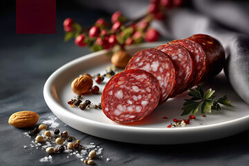 A white platter featuring a few slices of salami artfully placed, with just a sprinkle of spices around them, capturing elegance in simplicity