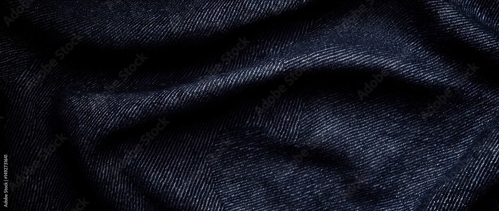 Poster close-up view of a textured black fabric showcasing intricate patterns and shimmering details. ideal