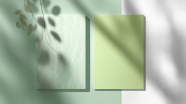 Minimalist display of two green boards with leaf shadow overlay studio shot