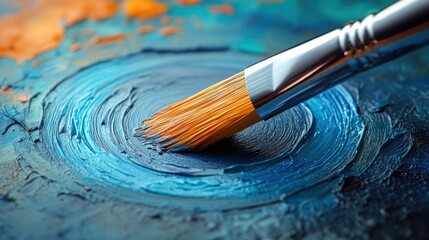 Fototapeta premium Close up of Paintbrush Applying Blue and Orange Acrylic Paint on Canvas Artistic Texture