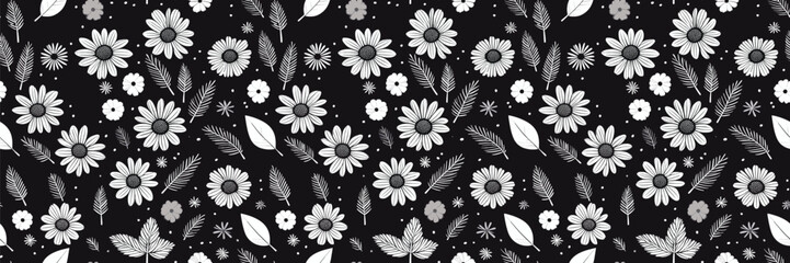 Seamless Grayscale Floral Pattern On A Black Background Featuring Daisies And Leaves. 